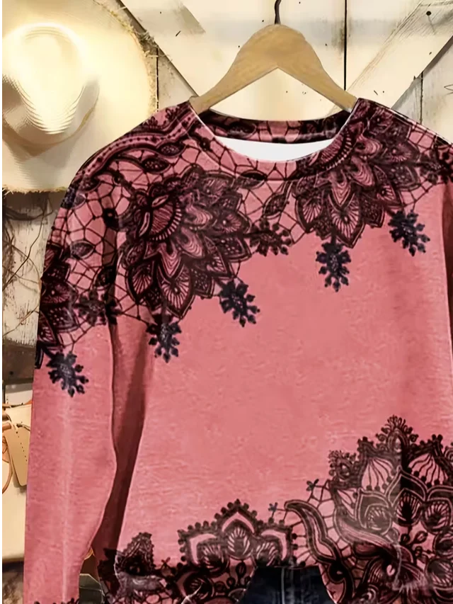 Women Floral Crew Neck Printing Casual Spring/Fall Long Sleeve Sweatshirt