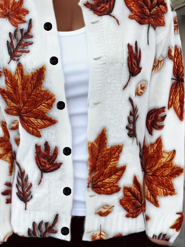 Women Maple Leaf Printing Long Sleeve Crew Neck Vintage Spring/Fall Cardigan Outerwear