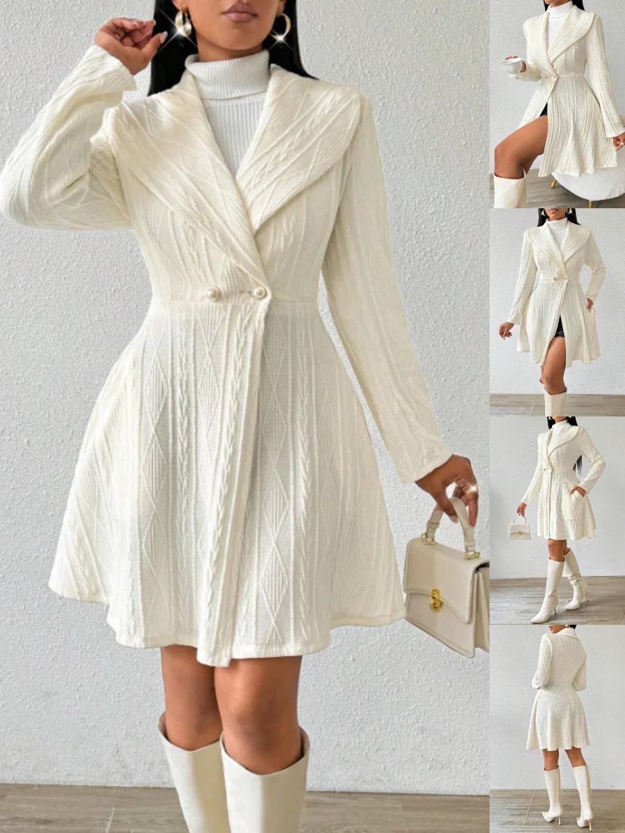 Women Autumn Outerwear Casual Jacquard Plain Long Sleeve Lapel Collar Jacket