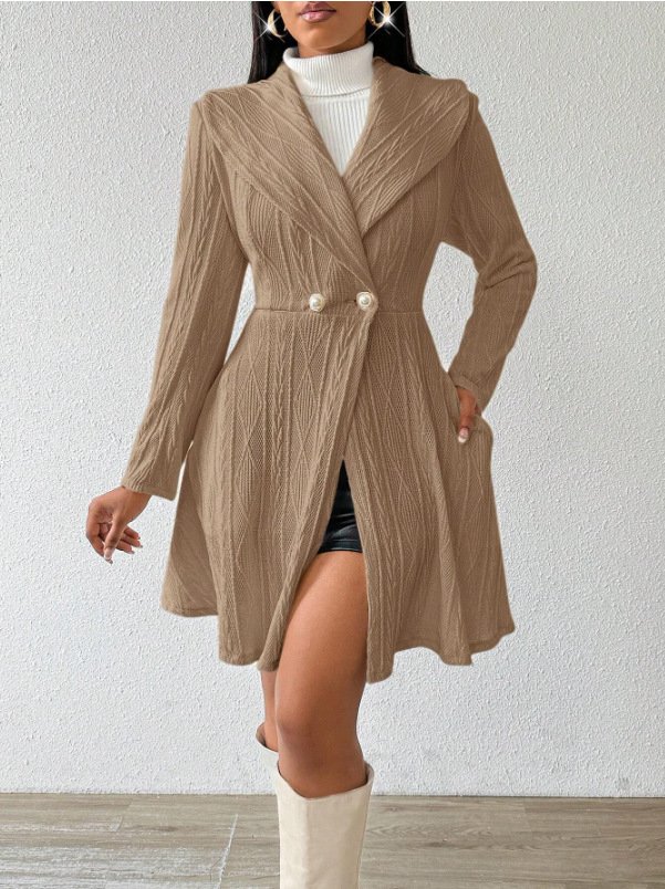 Women Autumn Outerwear Casual Jacquard Plain Long Sleeve Lapel Collar Jacket