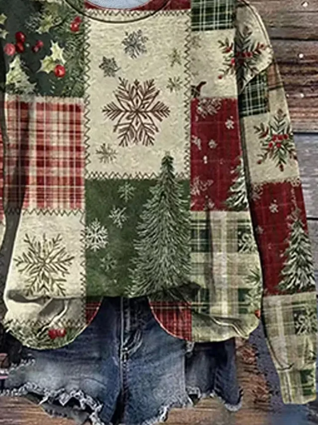 Women Christmas Crew Neck Printing Casual Spring/Fall Long Sleeve Sweatshirt