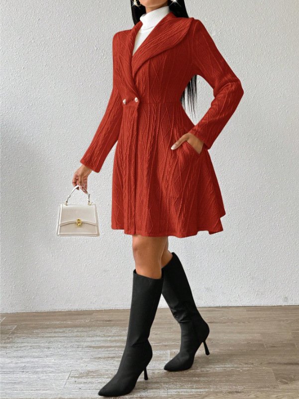 Women Autumn Outerwear Casual Jacquard Plain Long Sleeve Lapel Collar Jacket