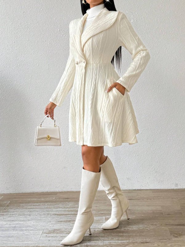 Women Autumn Outerwear Casual Jacquard Plain Long Sleeve Lapel Collar Jacket