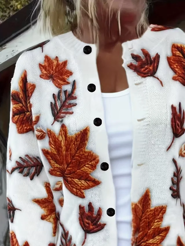 Women Maple Leaf Printing Long Sleeve Crew Neck Vintage Spring/Fall Cardigan Outerwear