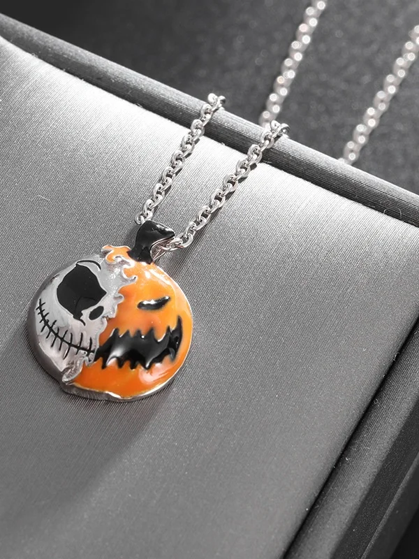 Creative Two-color Splicing Halloween Pendant Necklace Sterling Silver Epoxy Personality Double-sided Pumpkin Skull Electroplated Necklace