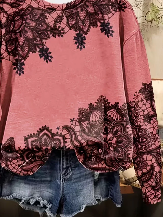 Women Floral Crew Neck Printing Casual Spring/Fall Long Sleeve Sweatshirt