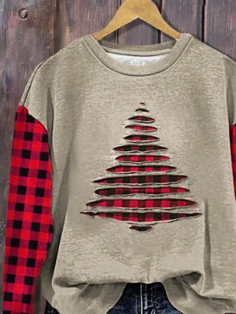 Women Plaid Crew Neck Printing Casual Spring/Fall Long Sleeve Sweatshirt