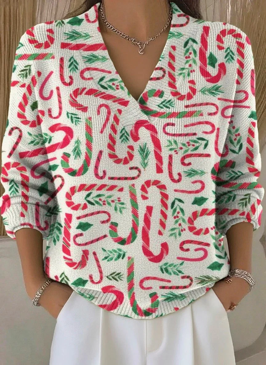 Women Christmas Winter Vintage Long Sleeve V Neck Sweater
