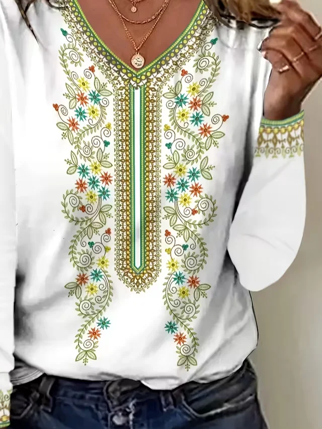 Women Floral Long Sleeve Tee T-shirt V Neck Printing Casual Spring/Fall Graphic Tee Top