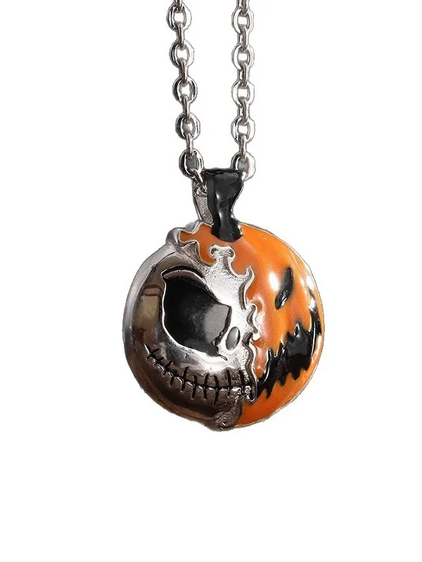 Creative Two-color Splicing Halloween Pendant Necklace Sterling Silver Epoxy Personality Double-sided Pumpkin Skull Electroplated Necklace