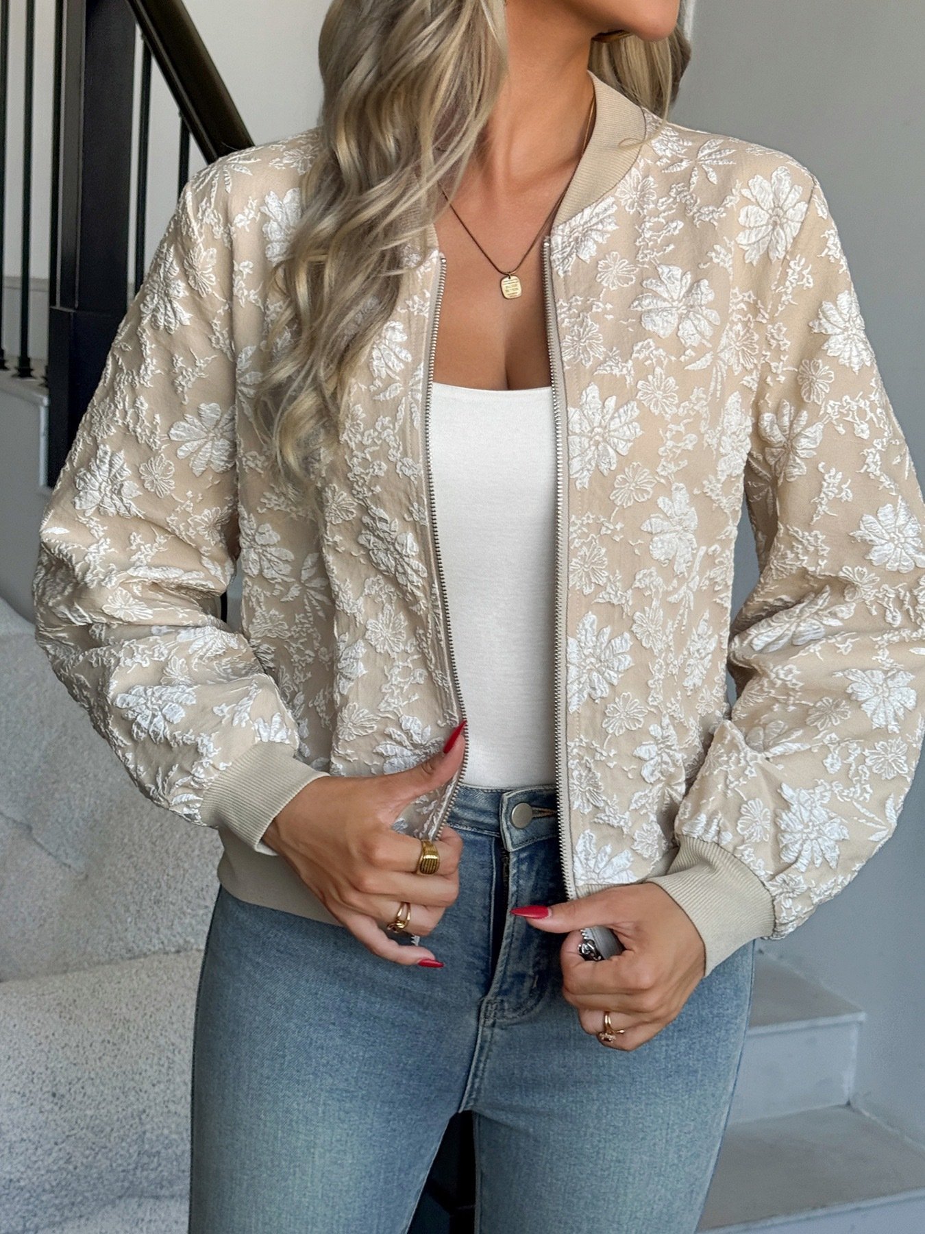 Women Spring/Fall Outerwear Vintage Printing Floral Long Sleeve Stand Collar Jacket