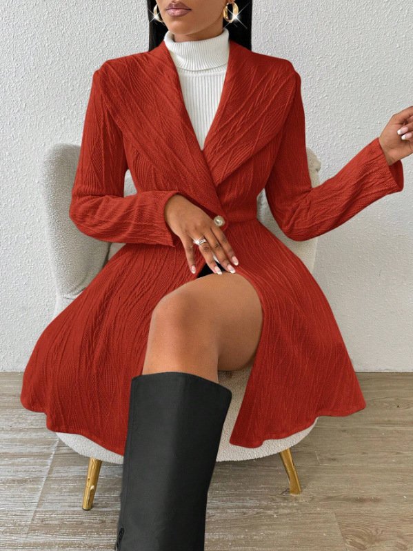Women Autumn Outerwear Casual Jacquard Plain Long Sleeve Lapel Collar Jacket