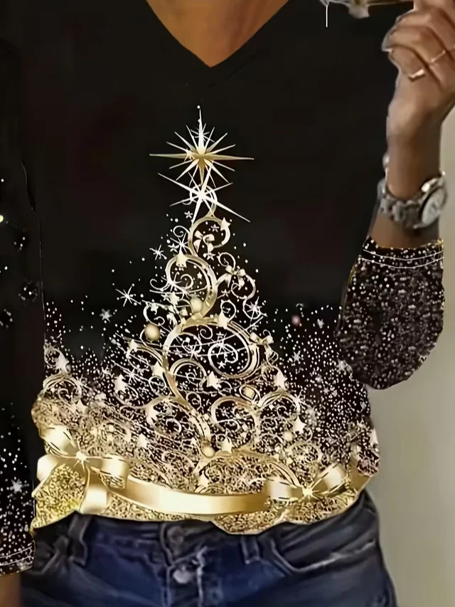 Women Christmas Long Sleeve Tee T-shirt V Neck Printing Casual Spring/Fall Graphic Tee Top