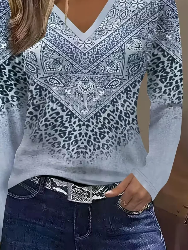 Women Abstract Long Sleeve Tee T-shirt V Neck Printing Casual Spring/Fall Graphic Tee Top