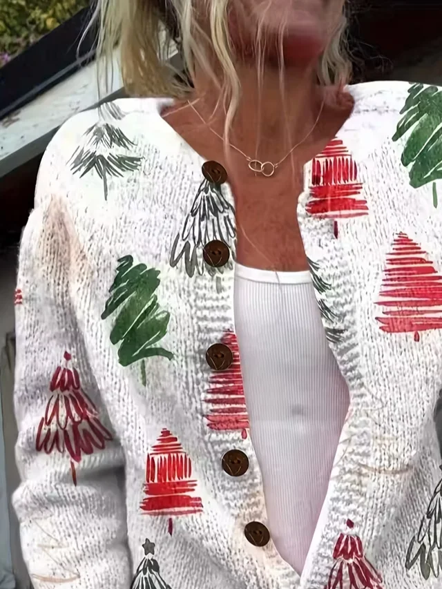 Women Christmas Printing Long Sleeve Crew Neck Vintage Spring/Fall Cardigan Outerwear