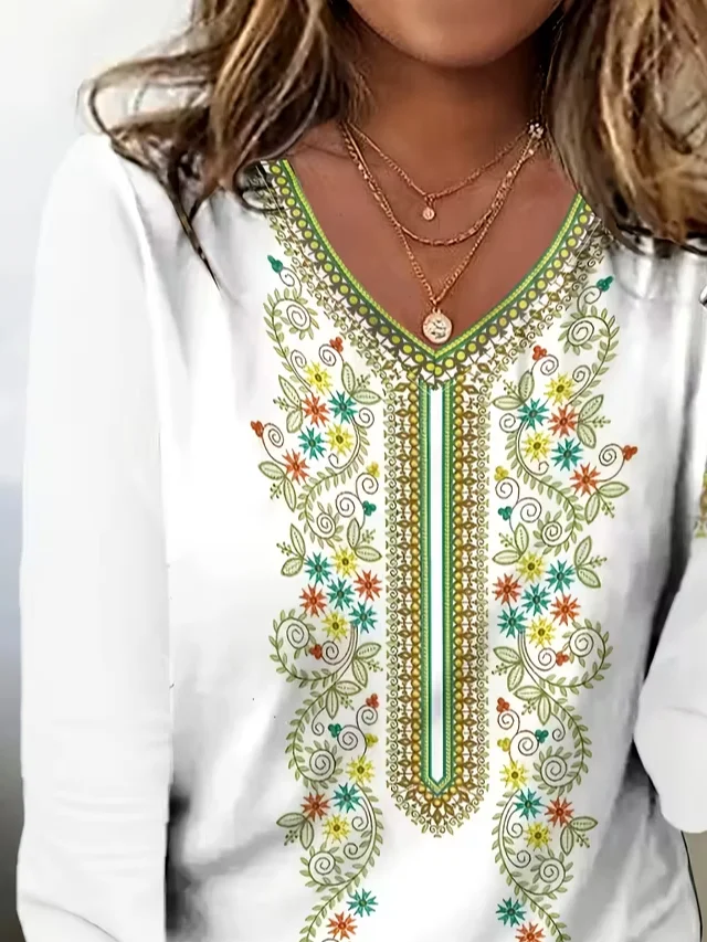 Women Floral Long Sleeve Tee T-shirt V Neck Printing Casual Spring/Fall Graphic Tee Top