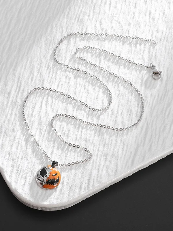 Creative Two-color Splicing Halloween Pendant Necklace Sterling Silver Epoxy Personality Double-sided Pumpkin Skull Electroplated Necklace
