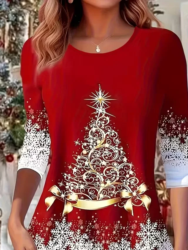Women Christmas Long Sleeve Tee T-shirt Crew Neck Casual Spring/Fall Tunic Top