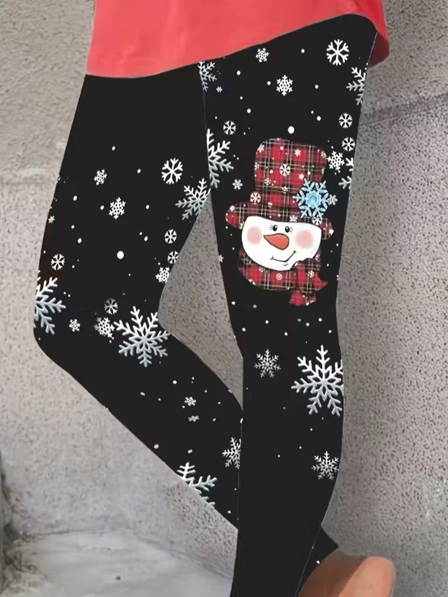 Women Christmas Snowman Casual All Season Printing Long Leggings
