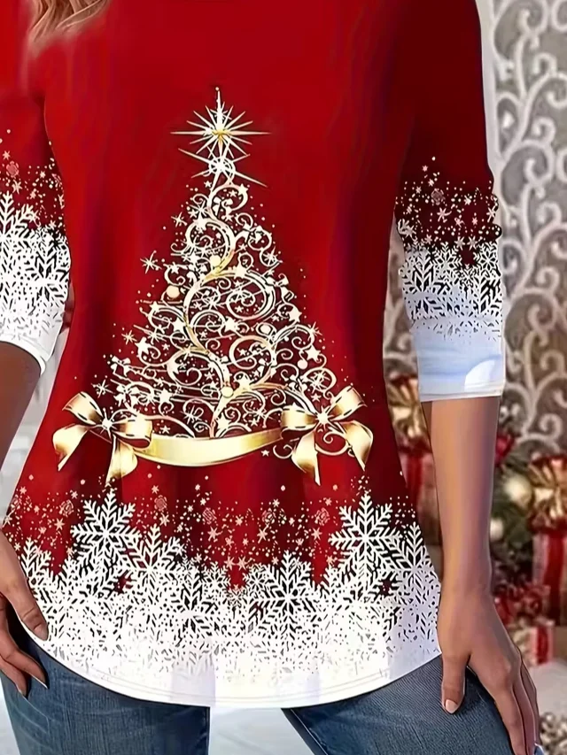 Women Christmas Long Sleeve Tee T-shirt Crew Neck Casual Spring/Fall Tunic Top