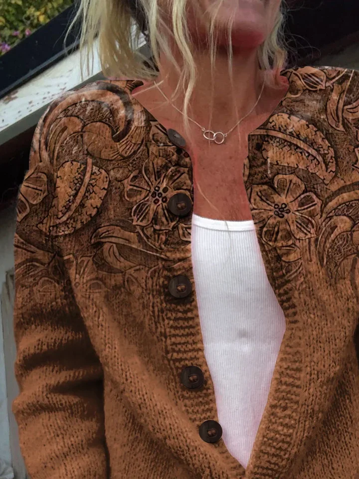 Women Floral Printing Long Sleeve Crew Neck Vintage Spring/Fall Cardigan Outerwear