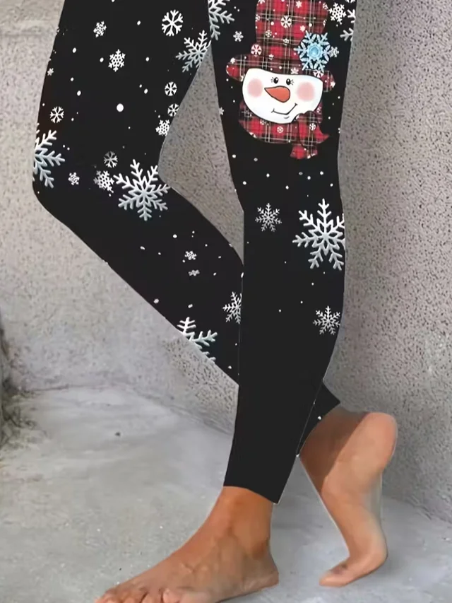 Women Christmas Snowman Casual All Season Printing Long Leggings