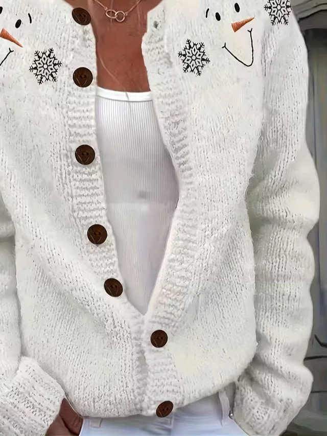 Women Christmas Snowman Printing Long Sleeve Crew Neck Vintage Spring/Fall Cardigan Outerwear