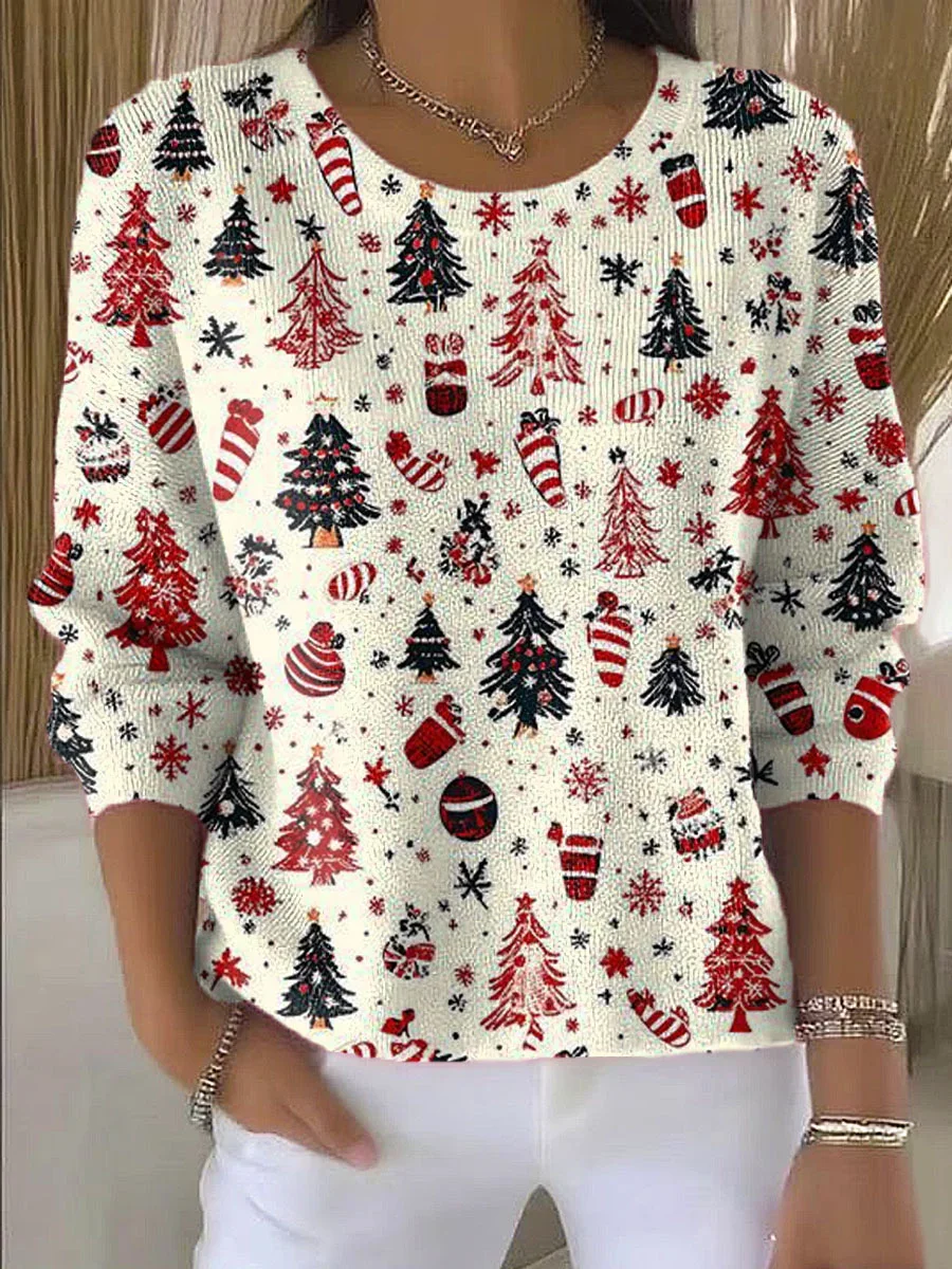 Women Christmas Printing Spring/Fall Casual Long Sleeve Crew Neck Sweater