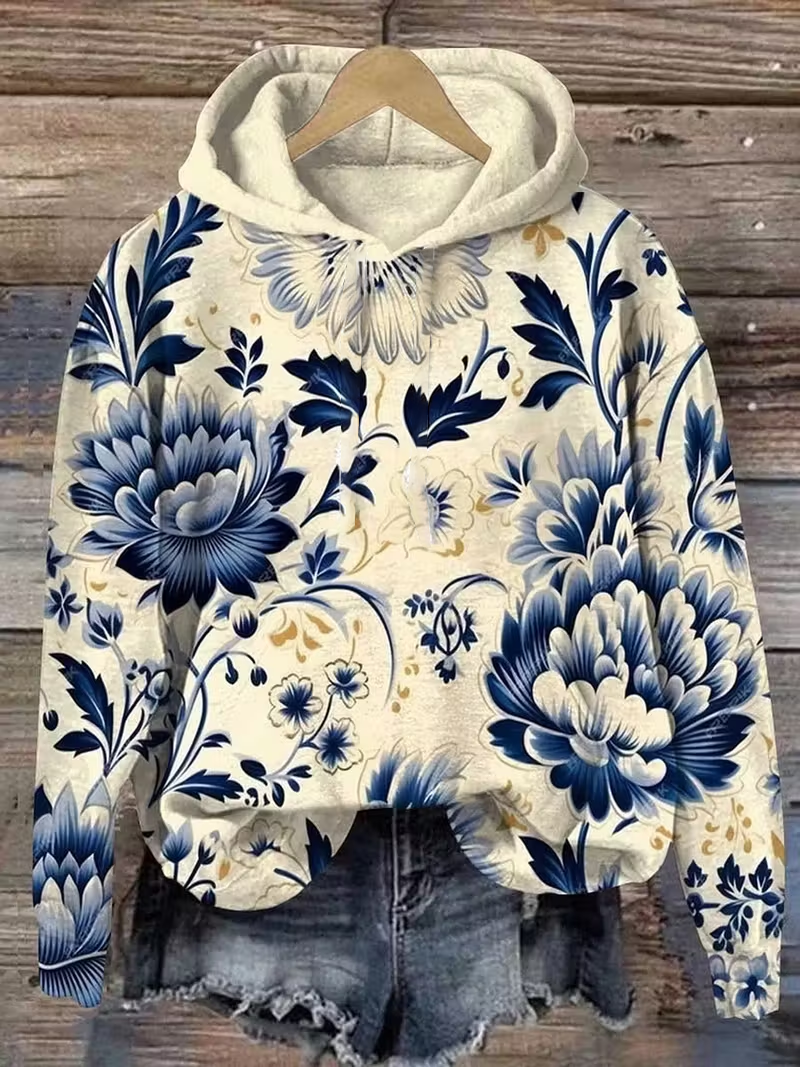Women Floral Spring/Fall Printing Long Sleeve Casual Daily Hoodie