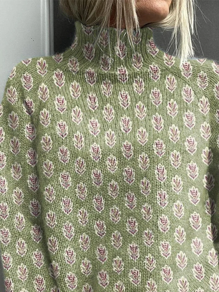 Women Floral Printing Spring/Fall Vintage Long Sleeve Turtleneck Sweater