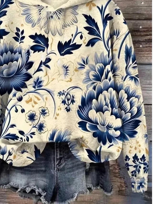 Women Floral Spring/Fall Printing Long Sleeve Casual Daily Hoodie