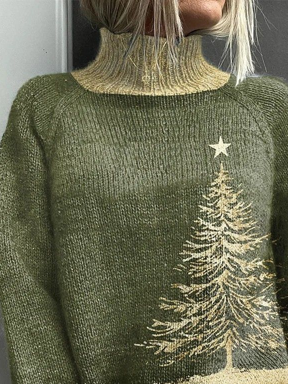 Women Christmas Printing Spring/Fall Vintage Long Sleeve Turtleneck Sweater