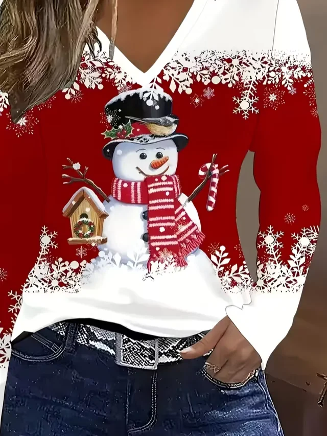 Women Christmas Snowman Long Sleeve Tee T-shirt V Neck Printing Casual Spring/Fall Graphic Tee Top