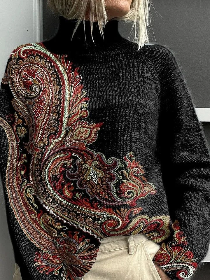 Women Ethnic Printing Spring/Fall Vintage Long Sleeve Turtleneck Sweater