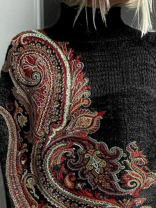 Women Ethnic Printing Spring/Fall Vintage Long Sleeve Turtleneck Sweater