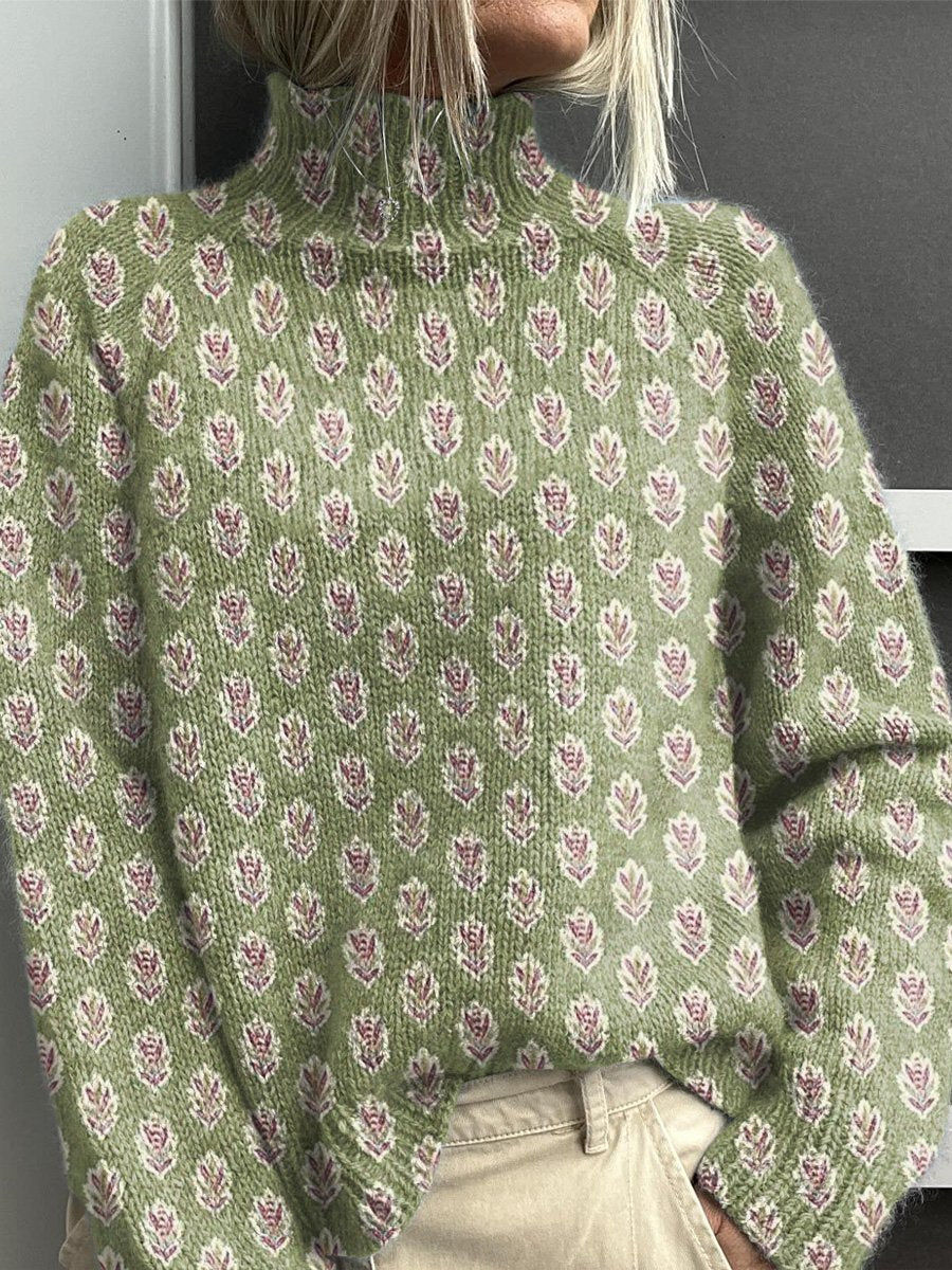 Women Floral Printing Spring/Fall Vintage Long Sleeve Turtleneck Sweater