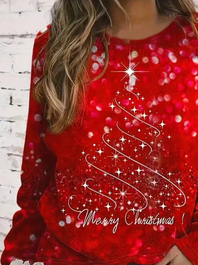 Women Christmas Long Sleeve Tee T-shirt Crew Neck Printing Casual Spring/Fall Graphic Tee Top