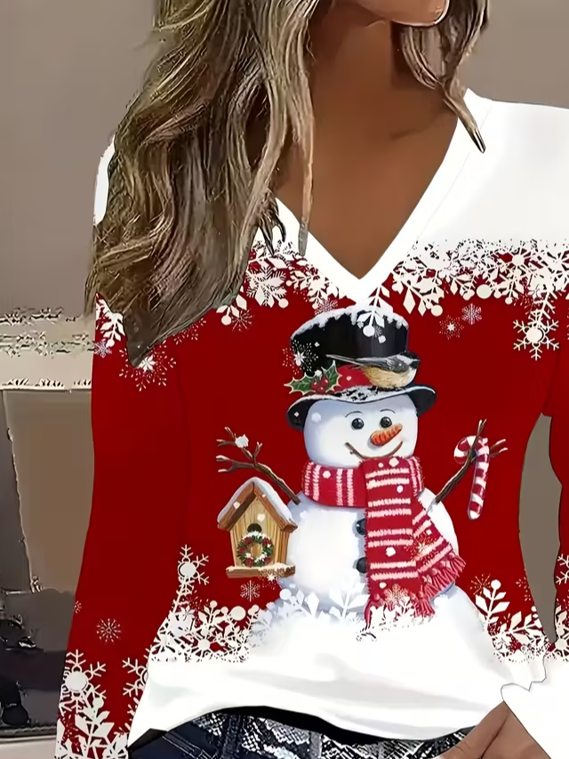 Women Christmas Snowman Long Sleeve Tee T-shirt V Neck Printing Casual Spring/Fall Graphic Tee Top