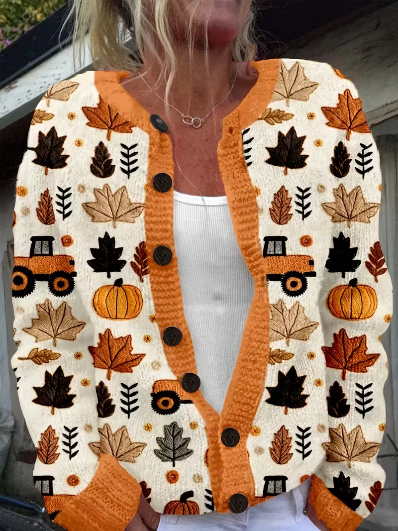 Women Maple Leaf Printing Long Sleeve Crew Neck Vintage Spring/Fall Cardigan Outerwear