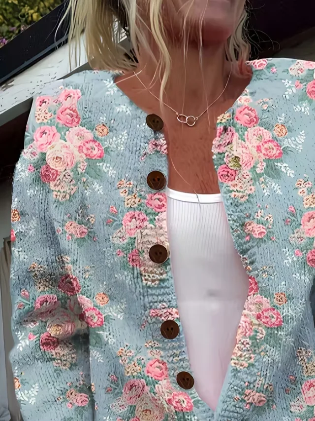 Women Floral Printing Long Sleeve Crew Neck Vintage Spring/Fall Cardigan Outerwear