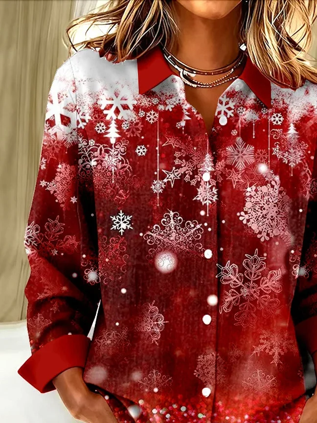 Women Christmas Long Sleeve Shirt Spring/Fall Buckle Shirt Collar Regular Sleeve Daily Casual Top