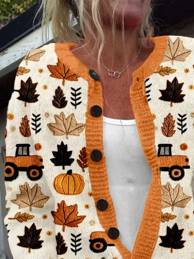 Women Maple Leaf Printing Long Sleeve Crew Neck Vintage Spring/Fall Cardigan Outerwear