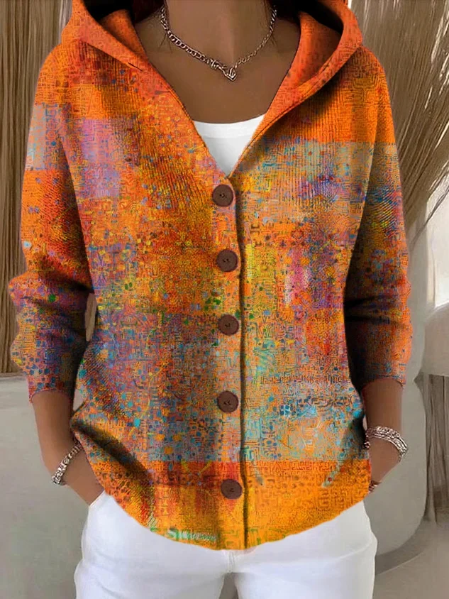 Women Abstract Printing Long Sleeve Hoodie Casual Spring/Fall Cardigan Outerwear