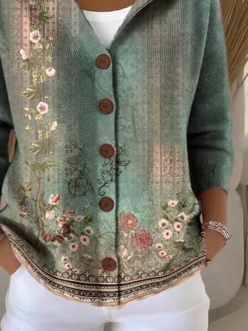 Women Floral Printing Long Sleeve Hoodie Casual Spring/Fall Cardigan Outerwear