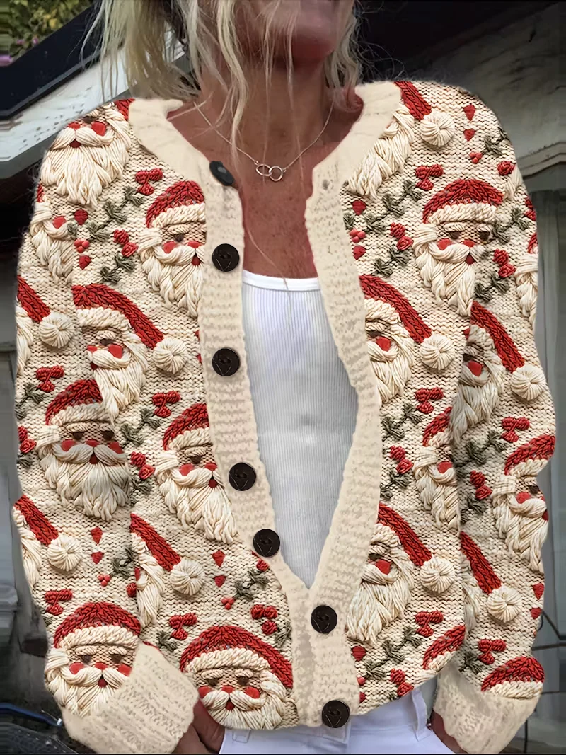 Women Santa Claus Printing Long Sleeve Crew Neck Vintage Spring/Fall Cardigan Outerwear