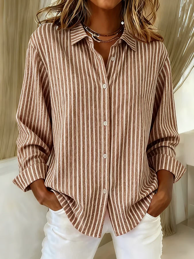 Women Striped Long Sleeve Shirt Spring/Fall Buckle Shirt Collar Regular Sleeve Daily Casual Top