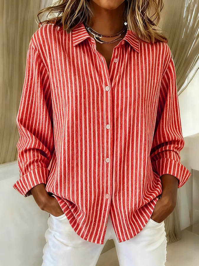 Women Striped Long Sleeve Shirt Spring/Fall Buckle Shirt Collar Regular Sleeve Daily Casual Top