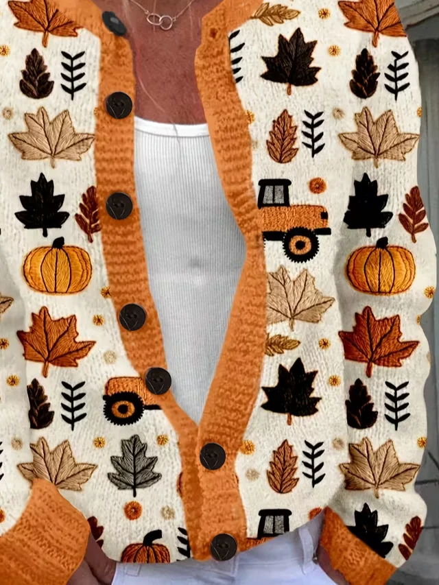 Women Maple Leaf Printing Long Sleeve Crew Neck Vintage Spring/Fall Cardigan Outerwear