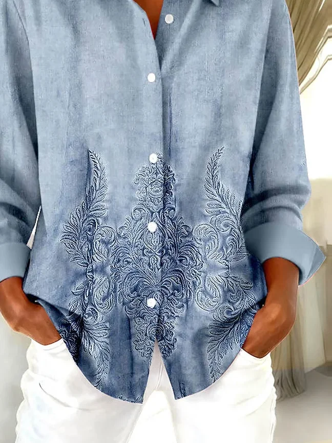Women Floral Long Sleeve Shirt Spring/Fall Buckle Shirt Collar Regular Sleeve Daily Casual Top