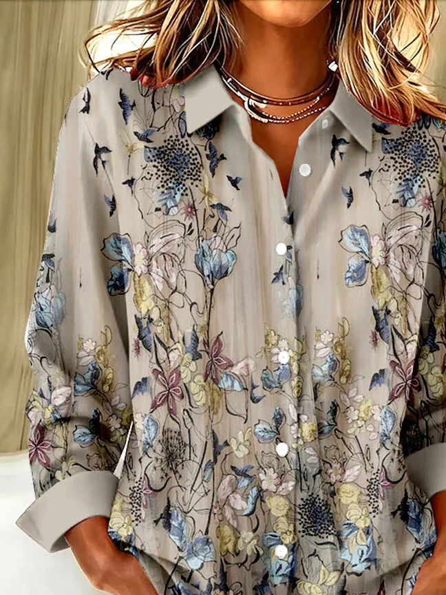 Women Floral Long Sleeve Shirt Spring/Fall Buckle Shirt Collar Regular Sleeve Daily Casual Top